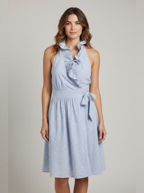 Southern Frock Ruffle Wrap Dress Blue Seersucker Size 0